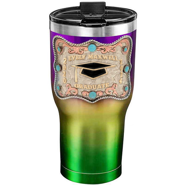 A customized tumbler made of stainless steel with a personalized engraved name and graduate cap figure, 30 oz, ideal for coffee or cool drinks